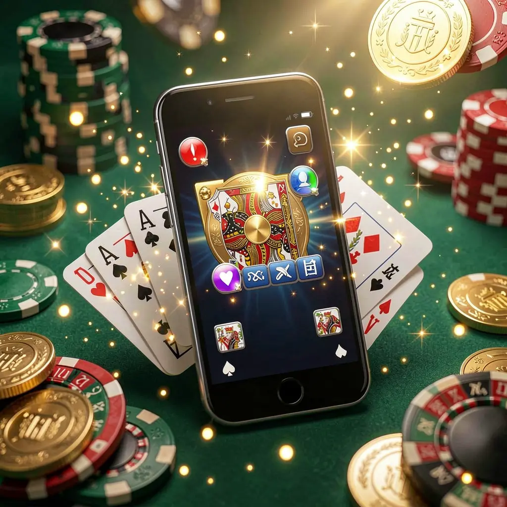 BDT WIN mobile gaming application concept showing a smartphone surrounded by playing cards, roulette chips, gold coins, and sparkling lights in a premium casino style