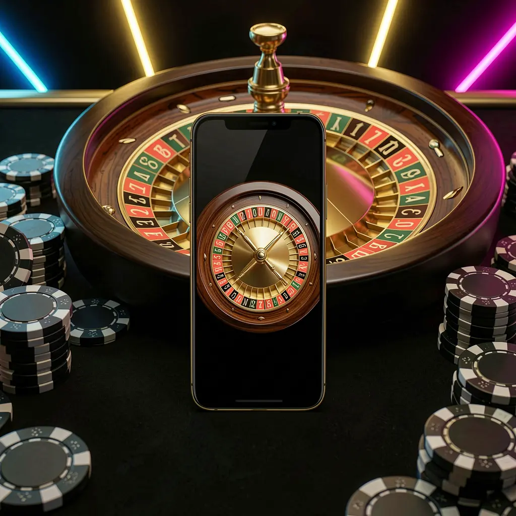 BDT WIN mobile casino application scene featuring a phone in the center with a roulette wheel and poker chips in the background, illuminated by glowing neon lights in a premium black and gold style