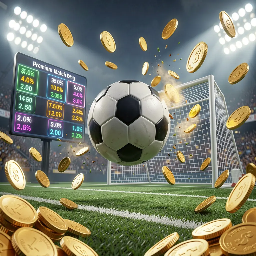 BDT WIN premium match betting visual showing a soccer ball flying toward the goal in a stadium with floodlights, glowing odds interface, and golden coins creating a dynamic sports betting atmosphere