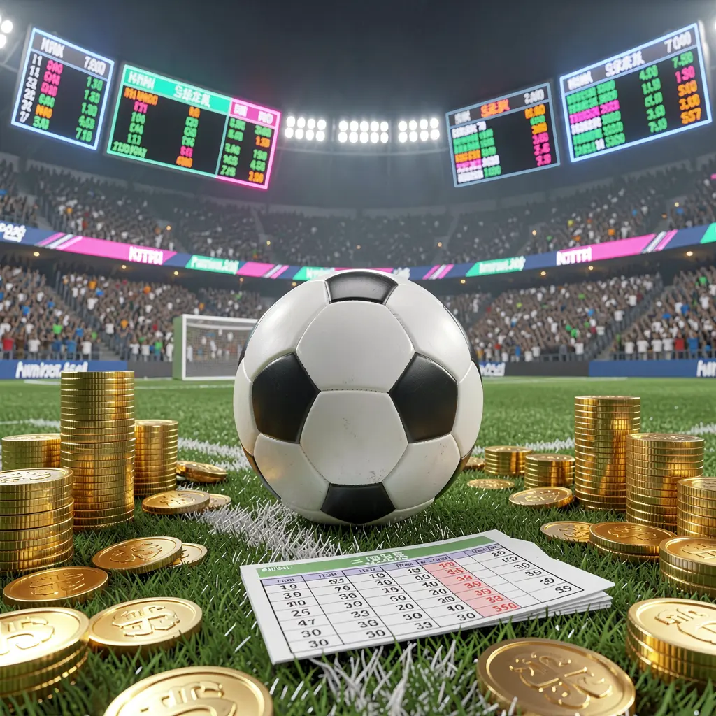 BDT WIN premium sports betting scene showing a football field with a stadium crowd, a soccer ball, golden coins, betting slip elements, and neon odds panels in a realistic high detail 3D render