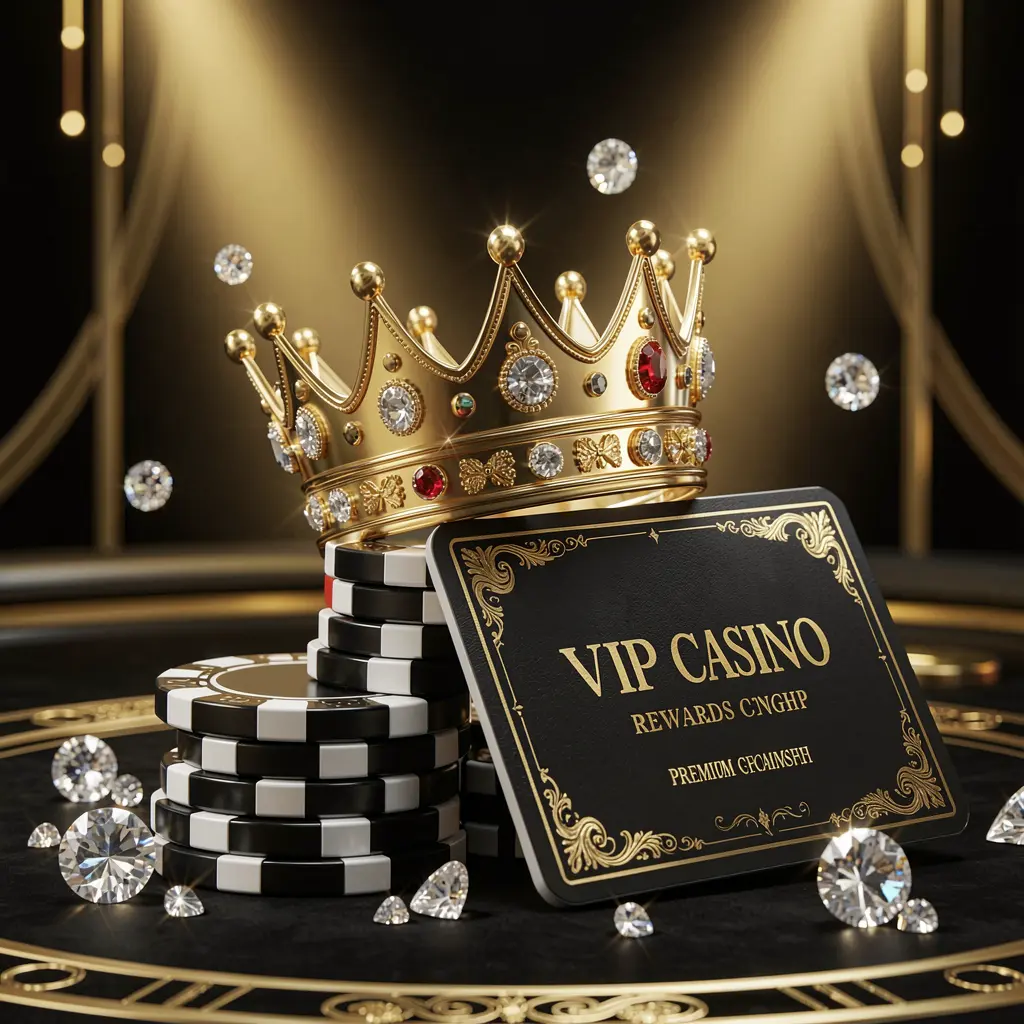 Elegant golden crown placed on top of poker chips with sparkling diamonds and a premium membership card against a luxury black and gold background, showcasing the exclusive high-end casino atmosphere of BDT WIN VIP casino rewards.