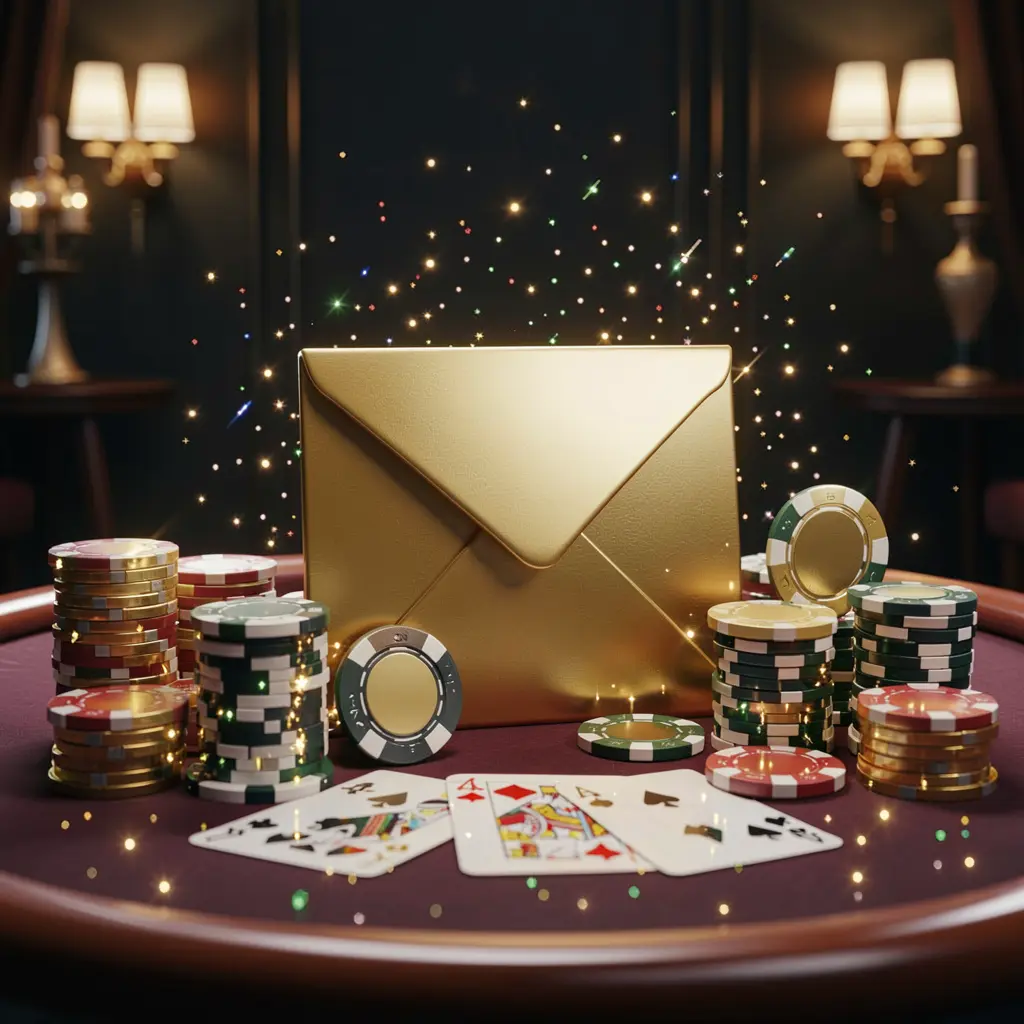 Exclusive casino promotion scene featuring a golden envelope, chips, coins, and playing cards with sparkling lights on a luxury dark background, showcasing BDT WIN's bonus offer