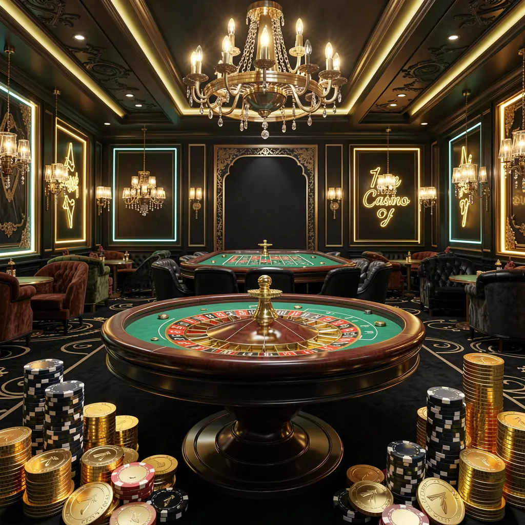 Luxury casino hall with roulette table, poker chips, and golden coins illuminated by glowing neon lights in a premium black and gold atmosphere, showcasing BDT WIN online casino
