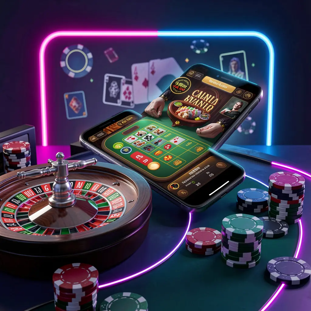 BDT WIN online casino platform concept with smartphone displaying glowing casino interface, surrounded by roulette wheel and poker chips on a premium neon background