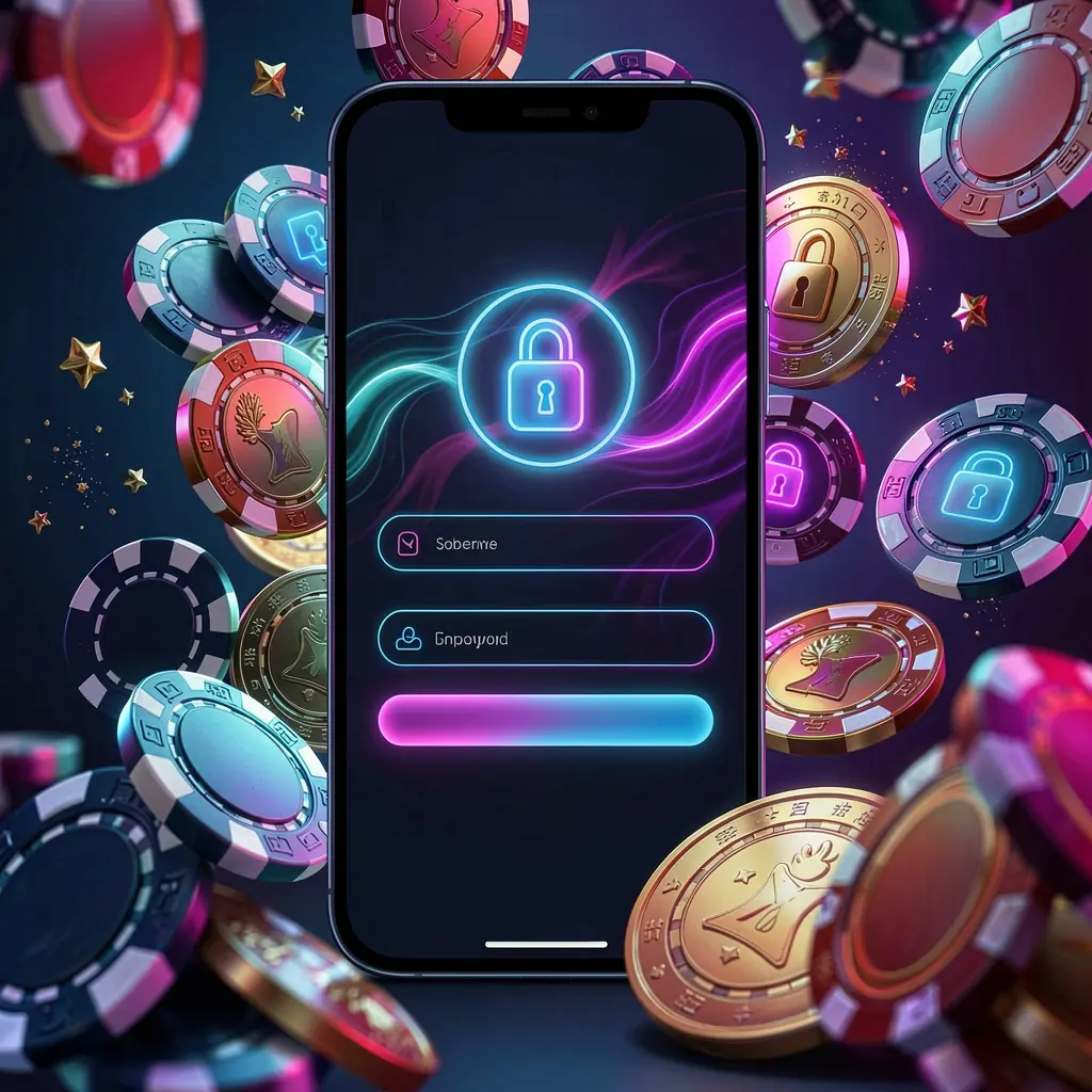 BDT WIN mobile gaming login page concept showing a smartphone with an abstract login interface featuring user and lock icons, surrounded by casino chips and coins under luxury neon lighting