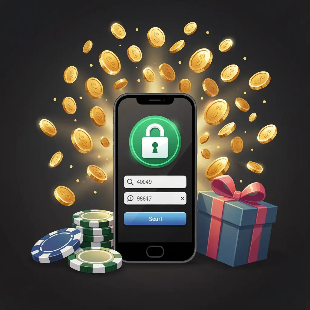 BDT WIN casino user login illustration showing a phone with a secure access icon, golden coins bursting from the screen, poker chips and a gift box nearby on a dark premium background