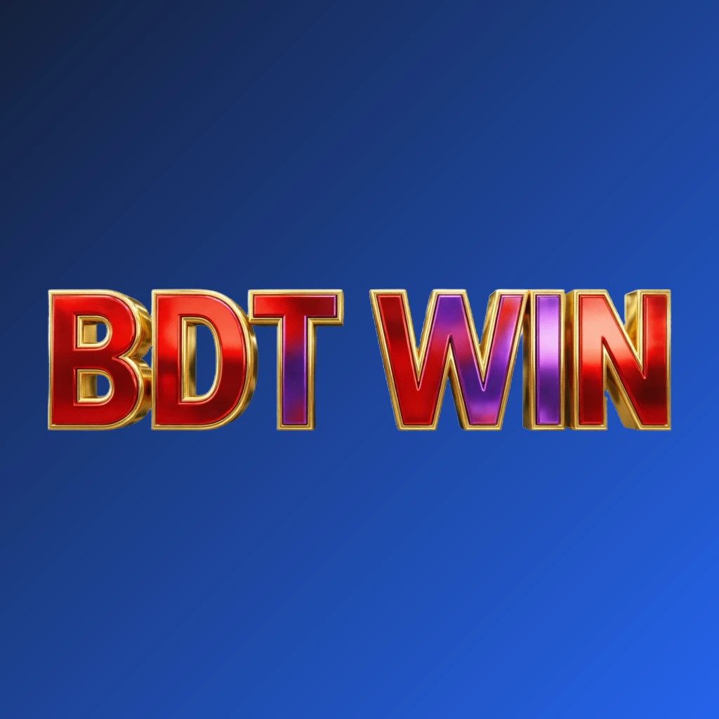 Bright premium BDT WIN logo with thick uppercase typography in vivid gold, red, and purple colors, featuring a polished metallic finish and strong visual impact on a transparent background, designed as a wide horizontal rectangular wordmark for website header