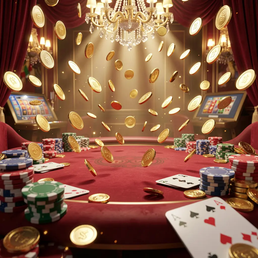 BDT WIN online gaming platform homepage banner featuring bright casino lights, golden coins raining, poker chips and playing cards in the foreground with a luxury red and gold atmosphere in a high detail 3D render